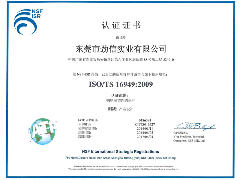 ISO/TS 16949:2009認(rèn)證證書(中文版)